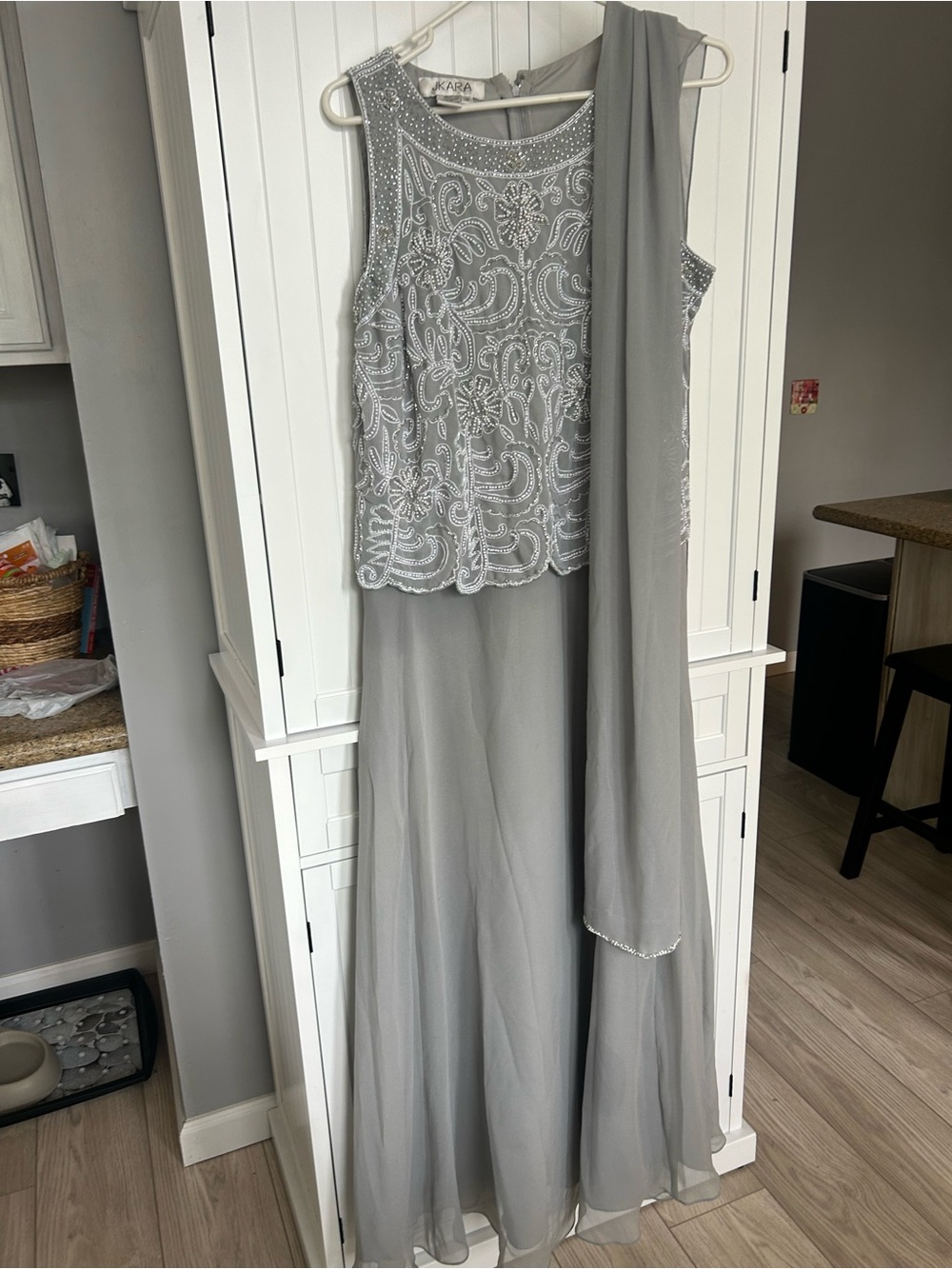 Sara Light Gray Beaded Maxi Dress with Draped Scarf